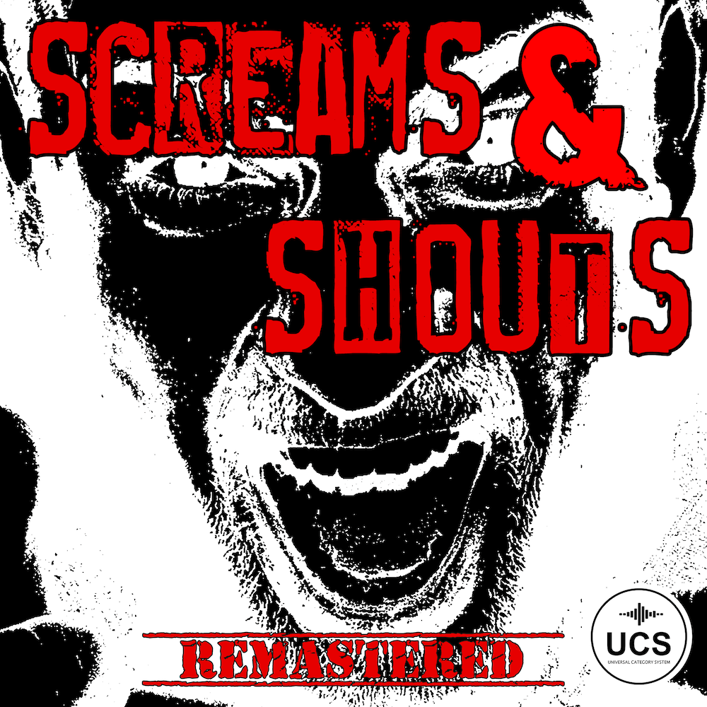 The image showcases a sound effects library on Sonniss, titled "Screams and Shouts Remastered".