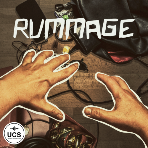 The image presents the cover for a sound effects library titled "rumage" on sonniss.