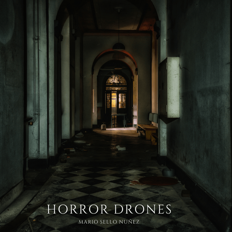 A hallway with the words horror drones on it.