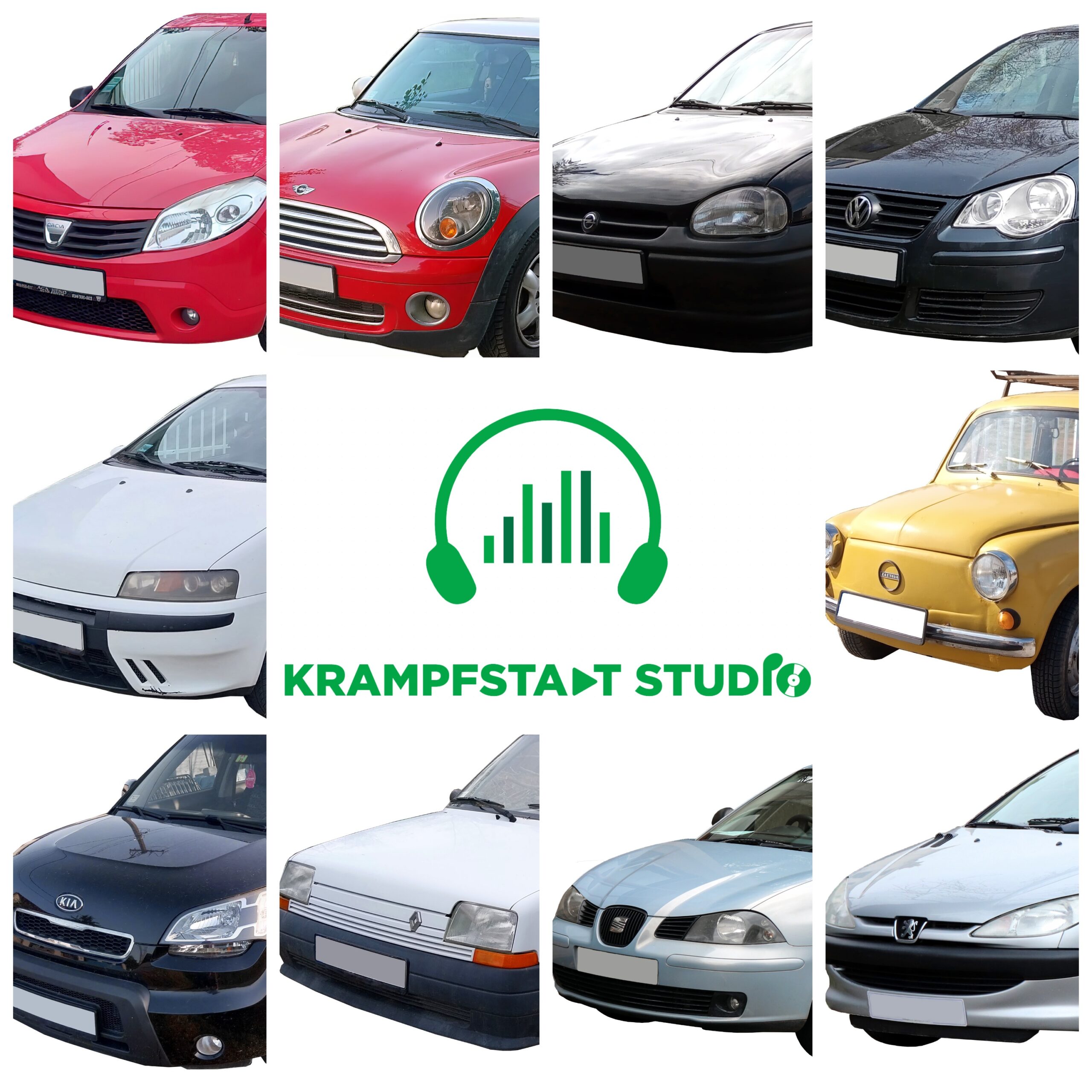 The image portrays a collage of various cars, creatively embedded with the words 'kramstad studio', providing a visual representation of a sound effects library on Sonniss.