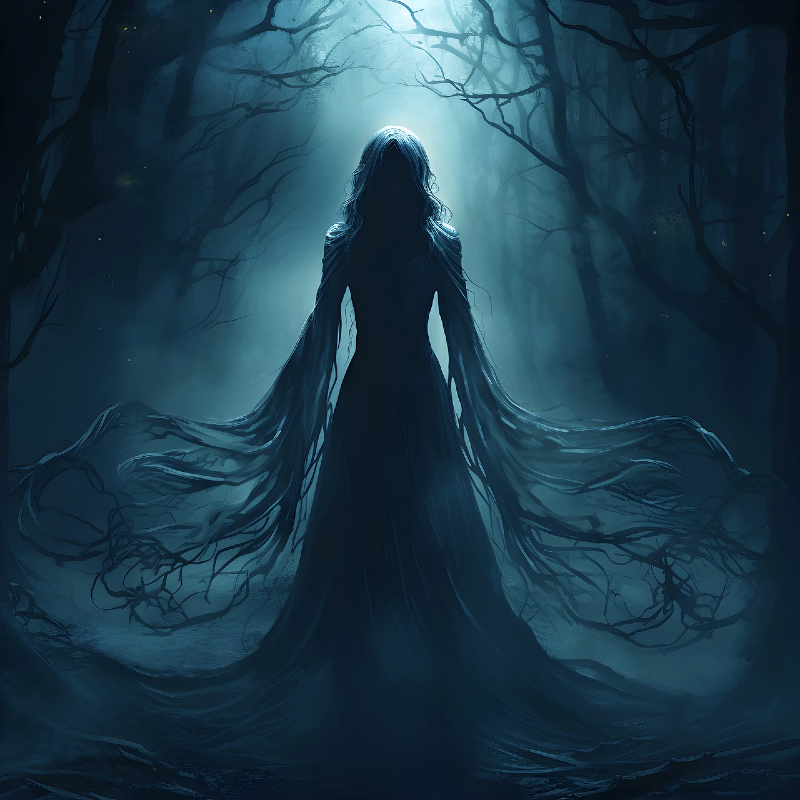 The image captures a woman in a long dress, seemingly located within a sound library on Sonniss. The ambiance spurred by the dark forest background could inspire some unique sound effects.
